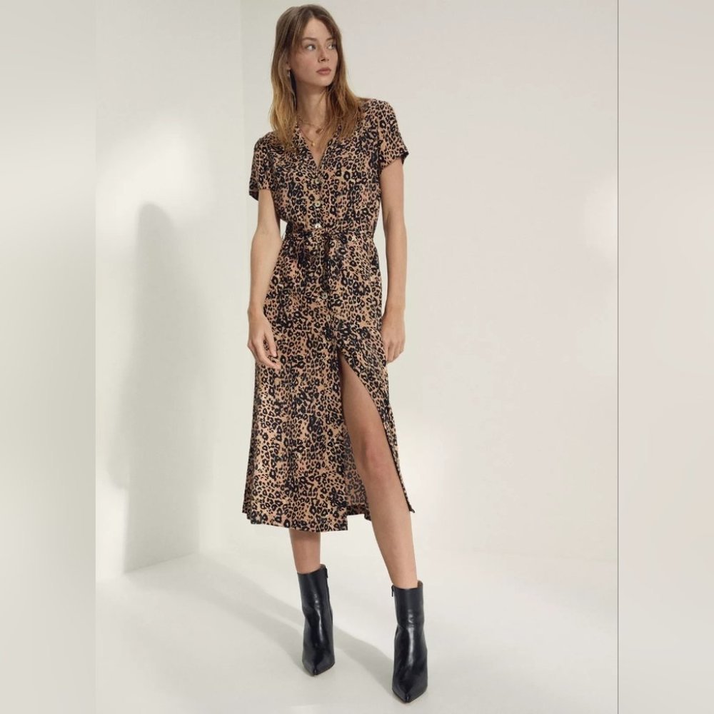 WILFRED Shirt Dress Midi Button Up Animal Print Belted Long Dress Small  Aritzia